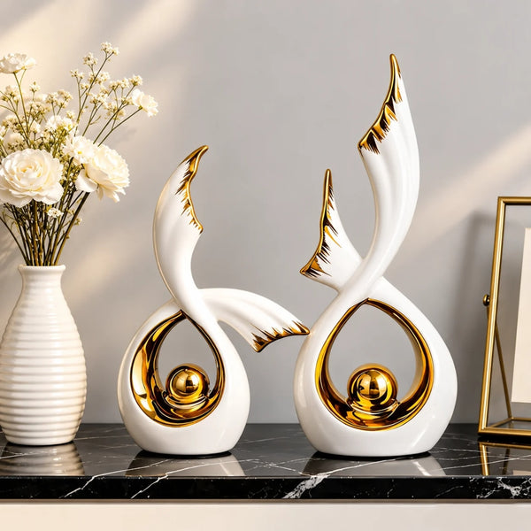 Set 2 Statuete Decorative LuxCanva® White and Gold Ceramic, Abstracte, Alb si Auriu