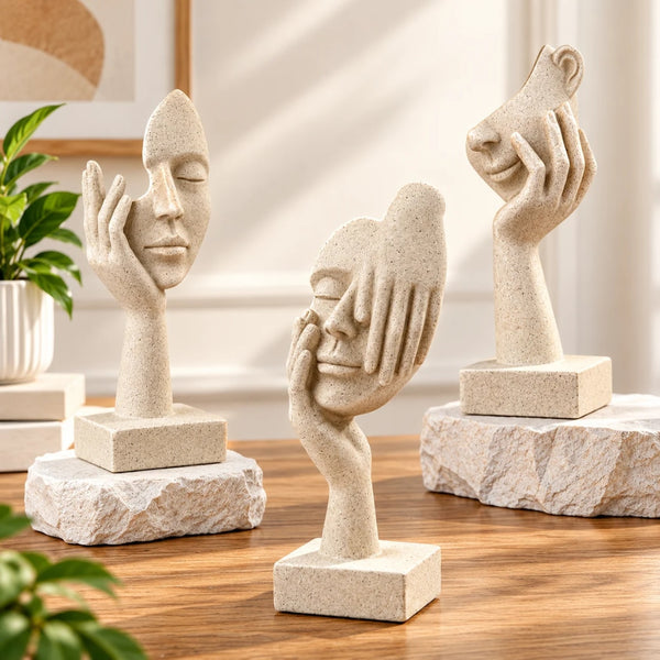 Set 3 Statuete Decorative LuxCanva® Mask Figurines, Chipuri Abstracte, Bej Crem
