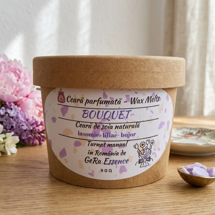 Ceara parfumata/ Wax melts din soia, GeRa Essence, Bouquet - Iasomie, Liliac, Bujor, Zambile, parfum floral, handmade, ceara naturala, 90g