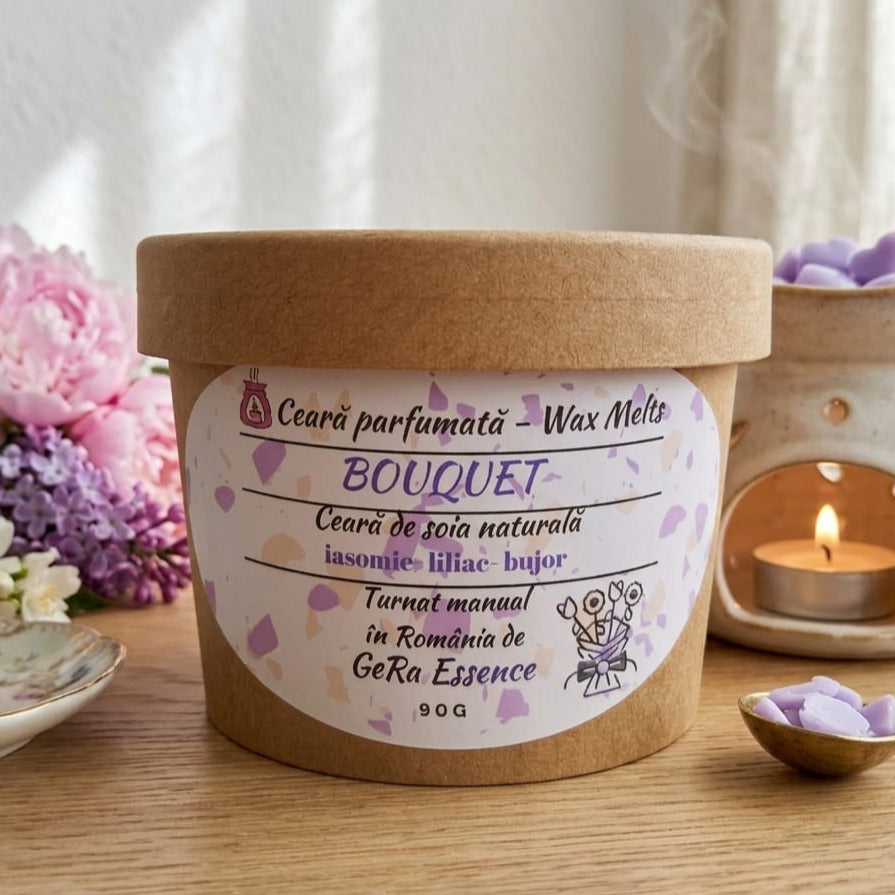 Ceara parfumata/ Wax melts din soia, GeRa Essence, Bouquet - Iasomie, Liliac, Bujor, Zambile, parfum floral, handmade, ceara naturala, 90g