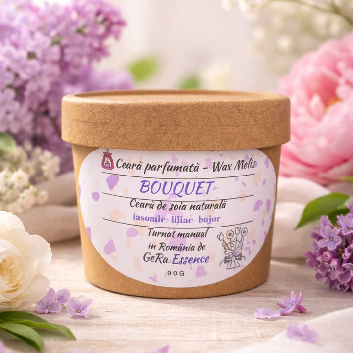 Ceara parfumata/ Wax melts din soia, GeRa Essence, Bouquet - Iasomie, Liliac, Bujor, Zambile, parfum floral, handmade, ceara naturala, 90g