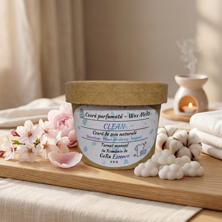 Ceara parfumata/ Wax melts din soia, GeRa Essence, Clean - Bumbac, Flori de cires, Bujori, parfum curat, handmade, ceara naturala, 90g