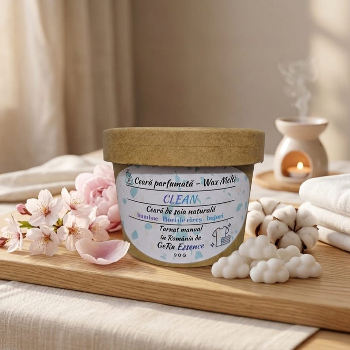 Ceara parfumata/ Wax melts din soia, GeRa Essence, Clean - Bumbac, Flori de cires, Bujori, parfum curat, handmade, ceara naturala, 90g