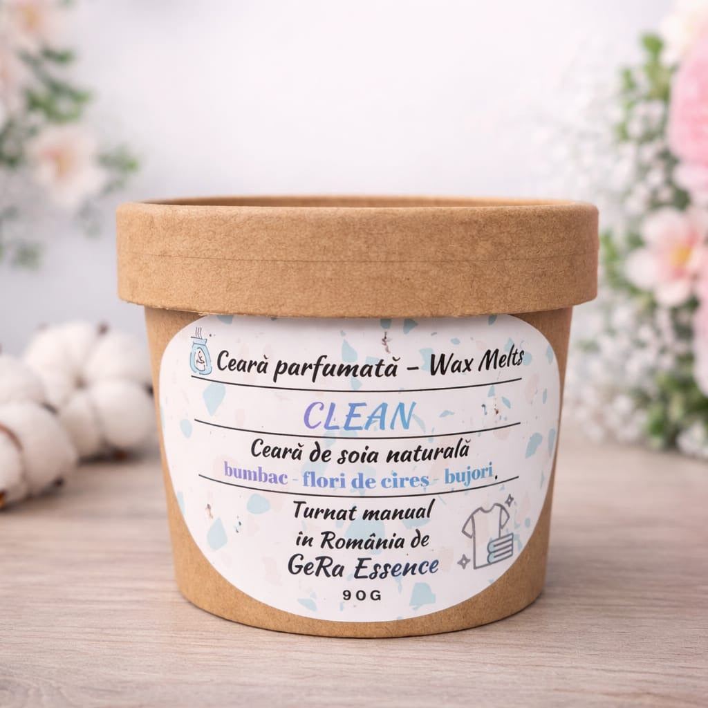 Ceara parfumata/ Wax melts din soia, GeRa Essence, Clean - Bumbac, Flori de cires, Bujori, parfum curat, handmade, ceara naturala, 90g