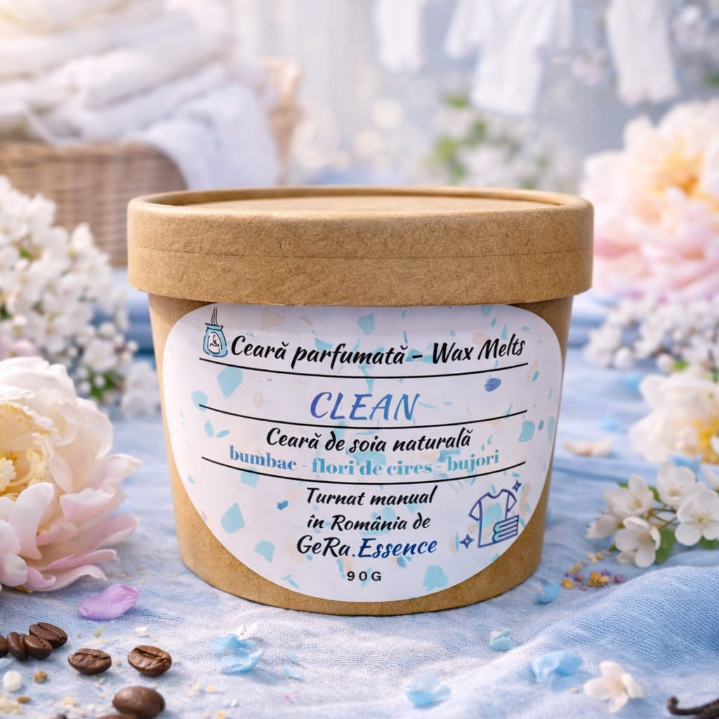 Ceara parfumata/ Wax melts din soia, GeRa Essence, Clean - Bumbac, Flori de cires, Bujori, parfum curat, handmade, ceara naturala, 90g