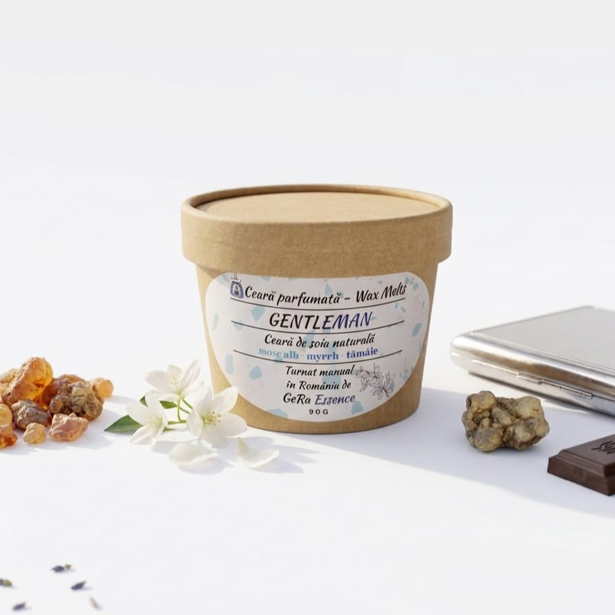 Ceara parfumata/ Wax melts din soia, GeRa Essence, Gentleman - mosc alb, myrrh, tamaie, sofisticat, seducator, handmade, ceara naturala, 90 g