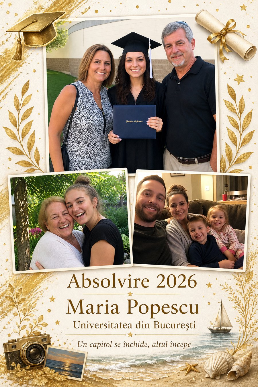 Absolvire · trei poze, foiță de aur